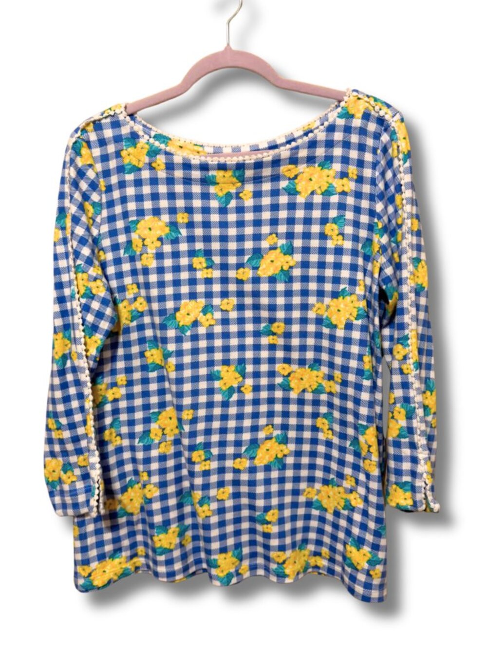 Kim Rogers Blue & Yellow Gingham Floral Top Size XL